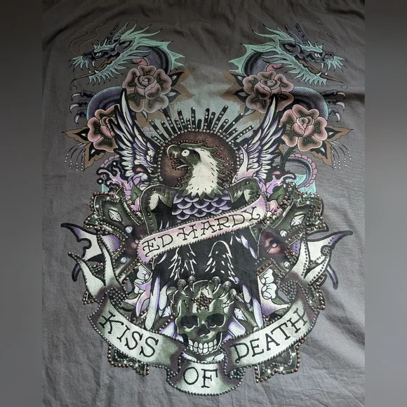 Vtg Ed Hardy Christian Audigier Floral Skull Kiss Of Death Men’s XL Grey - Picture 11 of 16